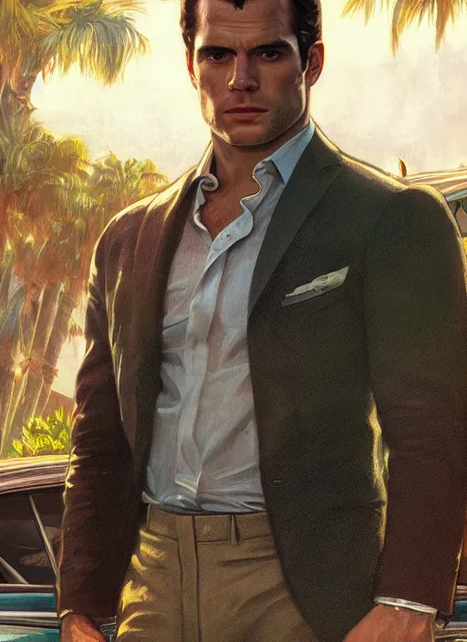 Image similar to portrait of henry cavill as james bond, key art, palm trees, vintage aston martin, highly detailed, digital painting, artstation, concept art, cinematic lighting, sharp focus, illustration, by gaston bussiere alphonse mucha