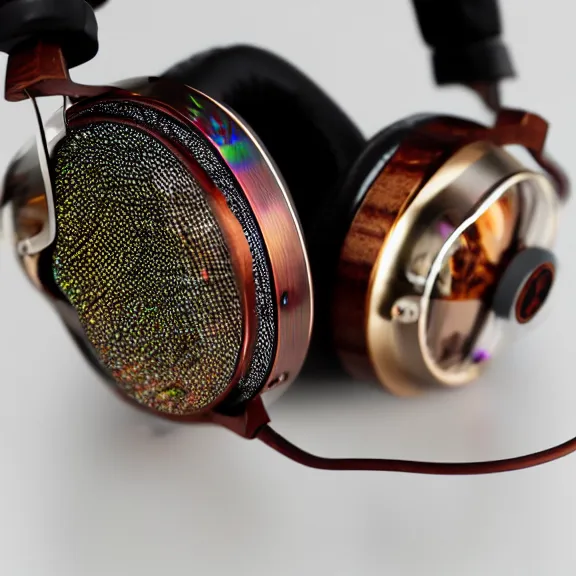 Image similar to masterpiece photo of beautiful hand crafted artistic detailed transparent headphones, bismuth rainbow metal, electronics see through, plush leather pads, displayed on mahogany desk, modernist headphones, bismuth beautiful well designed, hyperrealistic, audiophile, intricate hyper detail, extreme high quality, photographic, audeze, sennheiser, raal, bang olufsen, abyssal