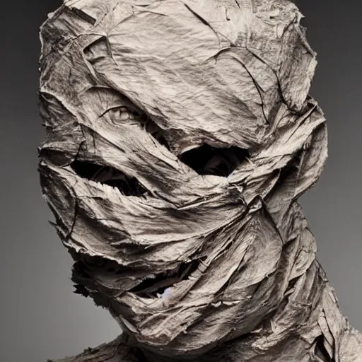 Image similar to surrealism sculpture by enrico ferrarini, human face, torn and ferocious.