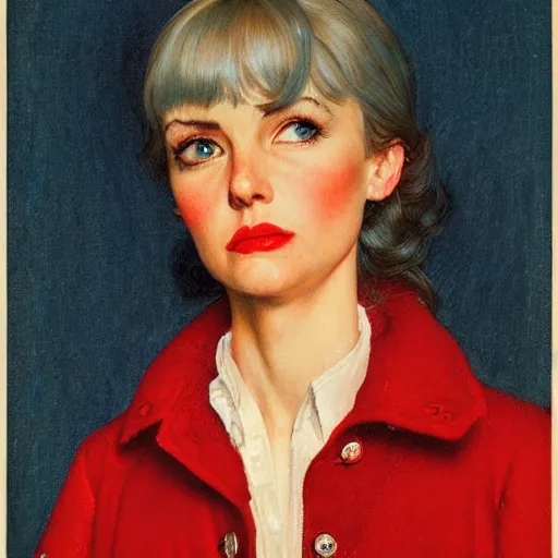 Image similar to frontal portrait of a woman with ice Blue eyes, straight bangs and a red coat, by Norman Rockwell and Gerald Brom