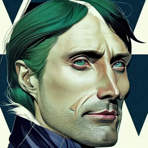 Image similar to Joshua Middleton comic art, wide shot, handsome elegant male Mads Mikkelson, spy, kabuki mask, beautiful evil sneer, symmetrical face, symmetrical eyes, leather clothing and boots, long straight green black hair, full body, Indigo occult pattern