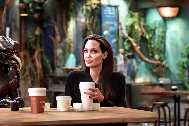 Image similar to Angelina Jolie and The Predator alien, best friends, drinking coffee at central perk, still photo, hyperrealistic, 35mm, 8k, by weta digital