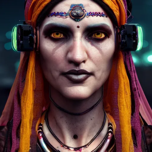 Prompt: Cyberpunk female Aghori Sadhu portrait, 8k , high octane render, unreal engine 5, hyperdetailed, realistic, golden ratio, intricate, cinematic lighting.