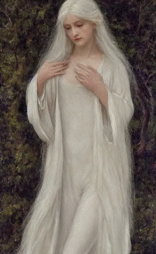 Prompt: say who is this with silver hair so pale and wan! and thin? female angel in white robes flowing hair body, white dress!! of silver hair, covered!!, clothed!! lucien levy - dhurmer, fernand keller, oil on canvas, 1 8 9 6, 4 k resolution, aesthetic, mystery