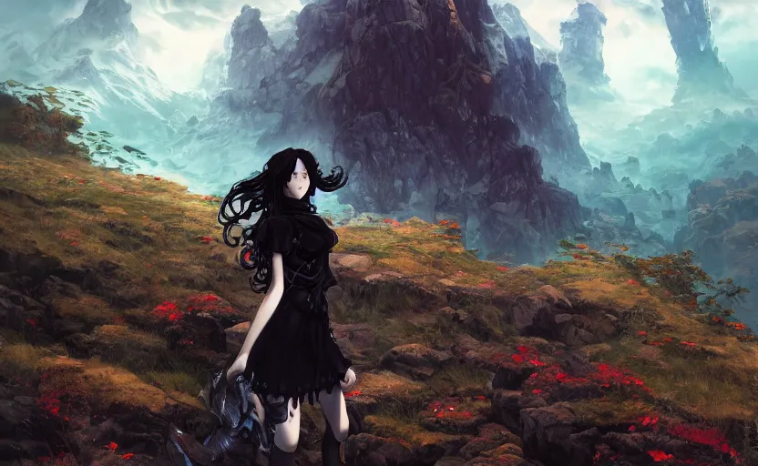 Image similar to goth woman in front of mountain landscape, color page, tankoban, 4 k, tone mapping, akihiko yoshida, james jean andrei riabovitchev marc simonetti, yoshitaka amano, long hair, curly, h. hydrochaeri