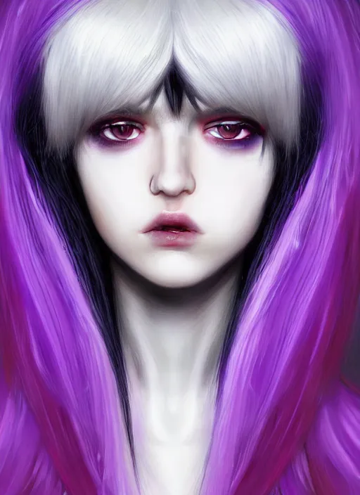 Image similar to hair whitebangs hair, white cyberlox, portrait of normal teenage girl, normal face, black bangs, messy bangs, fluffy bangs, cyberlox, whitebangs, red contact lenses, purple background, intricate, elegant, highly detailed, digital painting, artstation, concept art, sharp focus, smooth, illustration, art by wlop, mars ravelo and greg rutkowski