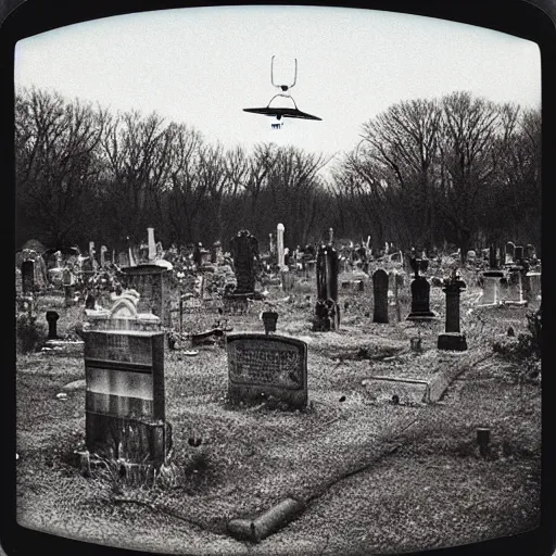 Prompt: a polaroid of a UFO over a abandoned cemetery from 90s by Laurie Lipton, grainy film kodak