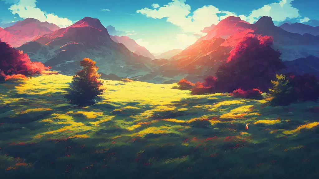 Prompt: landscape of a the scottish highlands, rich vivid colors, ambient lighting, dynamic lighting, 4k, HQ, official media, concept art, anime key visual, makoto shinkai, ilya kuvshinov, lois van baarle, rossdraws, detailed, trending on artstation