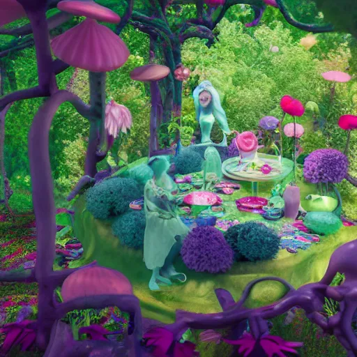 Prompt: alice in wonderland, without people, art nouveau, by rachel ruysch and lisa frank, 8 k, sharp focus, octane render