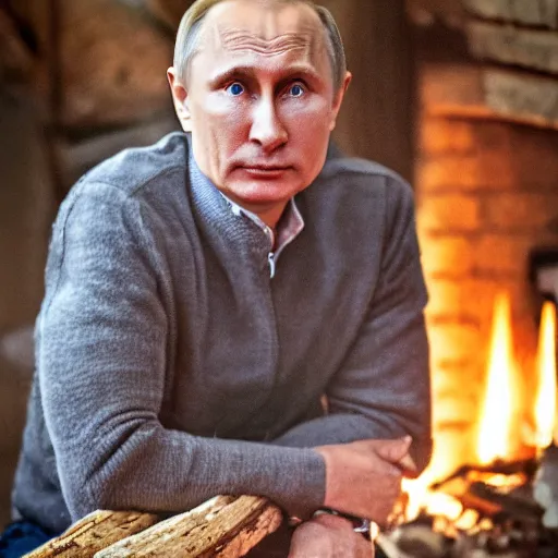 Image similar to vladimir putin in a waistcoat staring at a log fire photograoh, nikon, 5 0 mm lighting effect dof