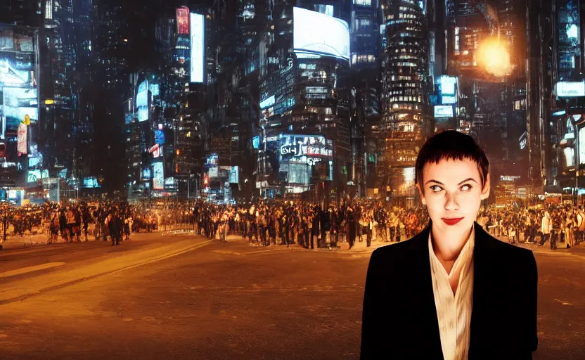 Image similar to a wide shot of a woman with a wool suit, very short hair, blurred face, wearing an omega speedmaster on her wrist in front of a crowded dystopian city full of people walking at night with fog and cyberpunk lights