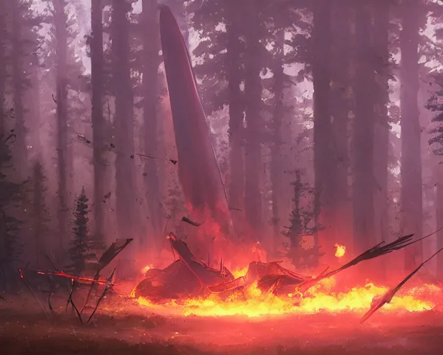 Prompt: a crash-landing sight of a tall spaceship in a forest on the ground, smoke in the air, atmospheric lighting, debris on ground, smoke and flame on ship. By Makoto Shinkai, Stanley Artgerm Lau, WLOP, Rossdraws, James Jean, Andrei Riabovitchev, Marc Simonetti, krenz cushart, Sakimichan, trending on ArtStation, digital art.