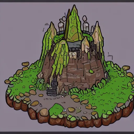 Image similar to A wizard tower next to a few mines and a few caves, lineart, colored