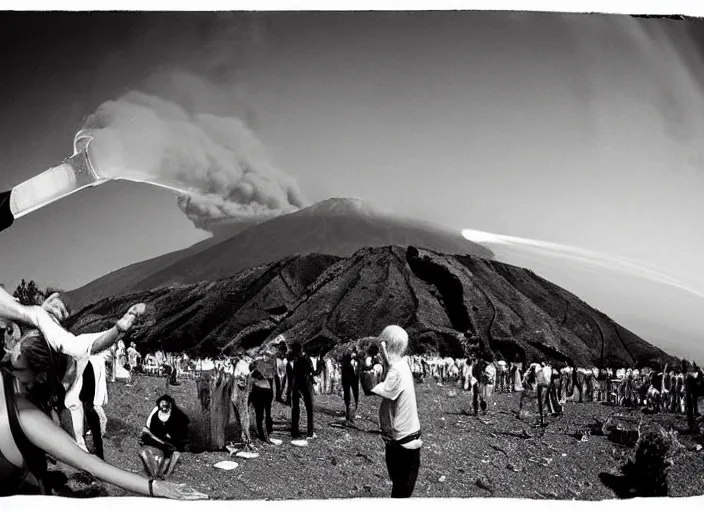 Image similar to old photo of average greeks drink wine and have fun against the backdrop of mount vesuvius starting to erupt by sebastian salgado, fisheye 4, 5 mm, diffused backlight