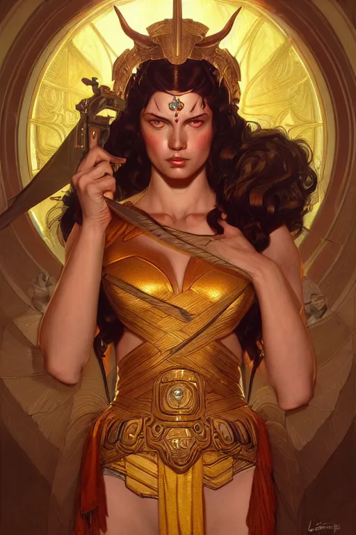 Prompt: The angry Godess Hera, portrait, highly detailed, digital painting, artstation, concept art, smooth, detailed armor, sharp focus, beautiful face, symmetric face, cinematic, videogame cover art, illustration, fantasy, art by Artgerm and Greg Rutkowski and Alphonse Mucha