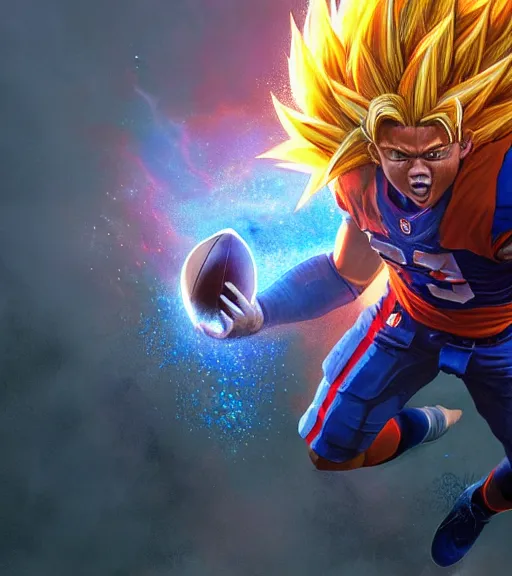 Image similar to highly detailed portrait of super saiyan saquon barkley ny giants football, unreal engine, fantasy art by greg rutkowski, loish, rhads, ferdinand knab, makoto shinkai and lois van baarle, ilya kuvshinov, rossdraws, tom bagshaw, global illumination, radiant light, detailed and intricate environment