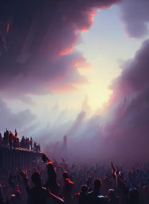 Image similar to painting of a crowd with raised arms pointing toward, cinematic view, epic sky, detailed, concept art, low angle, high detail, warm lighting, volumetric, godrays, vivid, beautiful, trending on artstation, by jordan grimmer, huge scene, art greg rutkowski