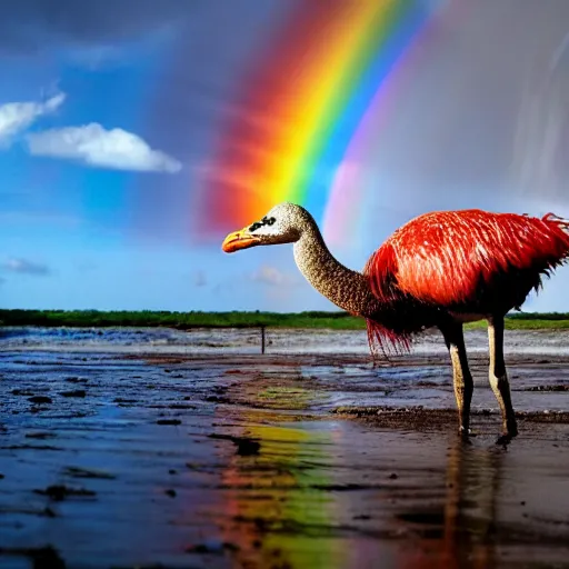 Prompt: a picture of a red ostrich bathing in shallow water with a rainbow in the background