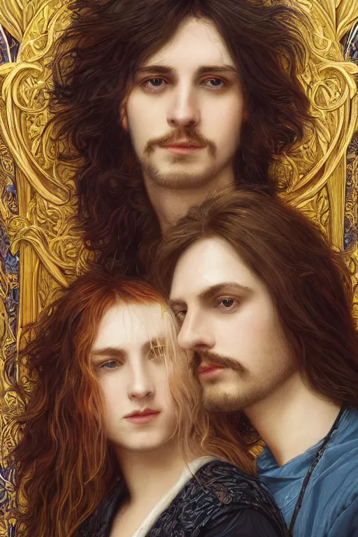 Image similar to a portrait of handsome young male rock star with long hair and his elegant beautiful bohemian wife, bored, illustration, dramatic lighting, soft details, painting oil on canvas, art nouveau, octane render, HDR, 4k, 8k, HD, by Edmund Blair Leighton, Brom, Charlie Bowater, trending on artstation, faces by Tom Bagshaw, Sargent