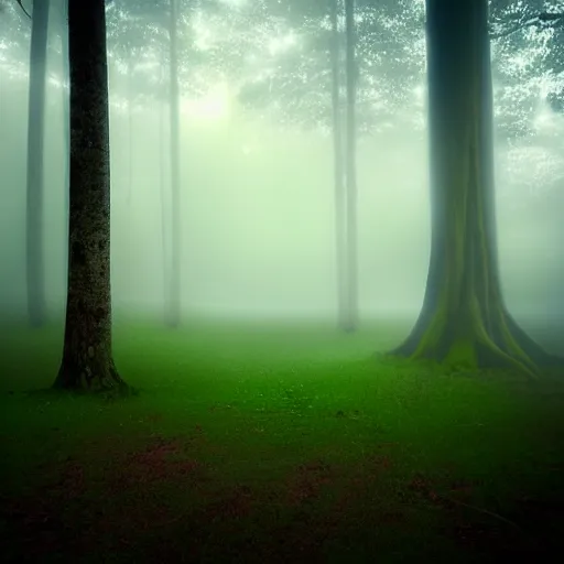 Image similar to dreamlike visage of a vending machine alone in a forest knoll, mystical, unusual, serene, foggy, dawn lighting, dew, mountain forest, hyperdetailed