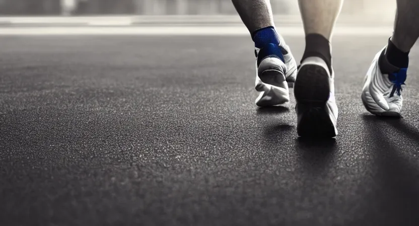 Image similar to close up on worn out running shoes running on a treadmill. cinematic lighting. dark. moody. octane render. blue grey tones.