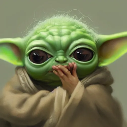 Image similar to very detailed masterpiece painting of baby yoda, portrait, artstation, concept art by greg rutkowski