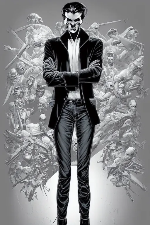 Image similar to aesthetic digital illustration of a handsome young man standing in an empty white room by brian bolland, rachel birkett, alex ross, and neal adams | sinister, dangerous, character concept, concept art, unreal engine, finalrender, centered, deviantart, artgerm