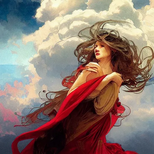 Prompt: swirling clouds in a stormy sky forming the shape of the face of a wise but stern old man. Colorful, reds, yellows, blues. Beautiful, dreamy digital art by Artgerm and Greg Rutkowski and Alphonse Mucha