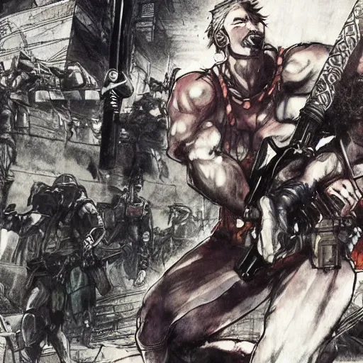 Prompt: hero sitting on a chair holding a sword on his back, looking at a army in the background illustrated by yoji shinkawa, pencil art, extra detail, dynamic, colored, blood, metal swords, clearly drawn, sharp lines