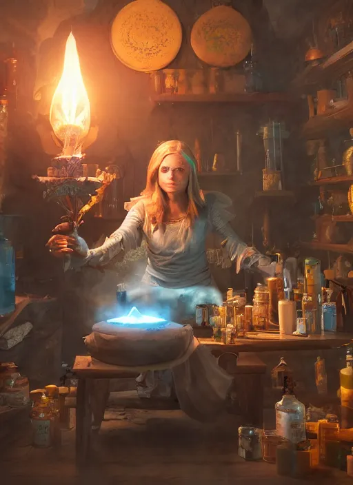 Prompt: An epic fantasy comic book style portrait painting of a light witch brewing a healing potion in her workshop, unreal 5, DAZ, hyperrealistic, octane render, cosplay, RPG portrait, dynamic lighting