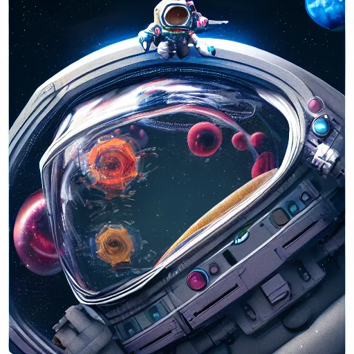 Image similar to an ornate cinematic portrait of an astronaut entering the micro atom realm of the microscopic multiverse with a tiny micro spaceship, cinematic lighting, under a microscope, trending on Artstation, highly detailed, insane details