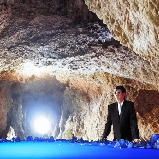 Prompt: rich businessmen inside the cave, blue crystals