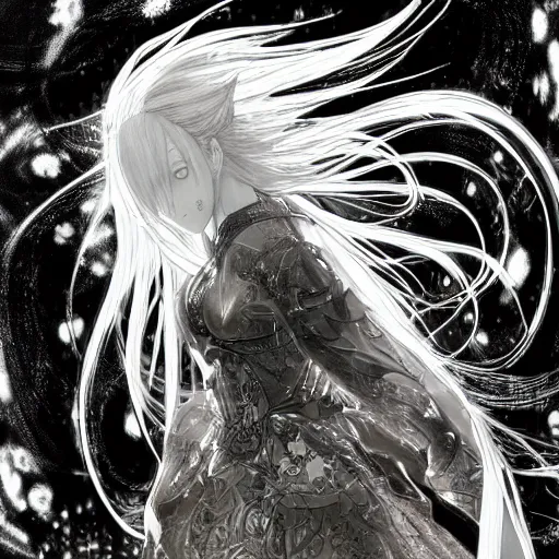 Image similar to yoshitaka amano blurred and dreamy realistic illustration of a japanese young woman with black eyes, wavy white hair fluttering in the wind wearing elden ring armor with engraving, abstract patterns in the background, satoshi kon anime, noisy film grain effect, highly detailed, weird portrait angle, blurred lost edges, three quarter view