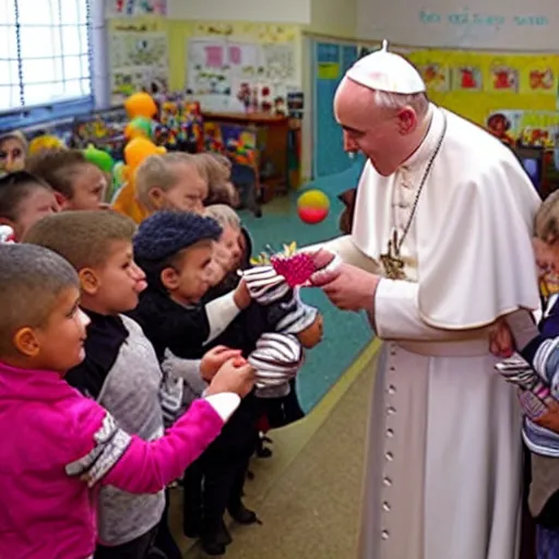 Image similar to The bald pope giving candy to children in a kindergarden