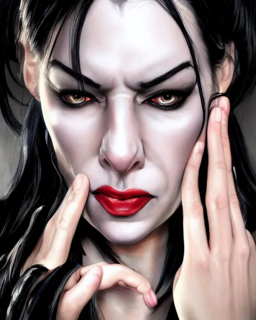 Image similar to portrait of evil a tall 4 0 - year - old woman with thin lips, heavy - lidded eyes, a strong jaw and long, thick shining black hair, thick eyebrows and long eyelashes, wearing in black clothes, hyper realistic face, beautiful eyes, character art, art by mark brooks, hyperdetailed, cryengine, trending on artstation, digital art