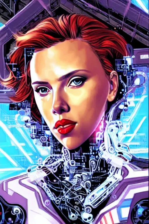 Image similar to a portrait of a beautiful cybernetically enhanced scarlett johansson, by marvel comics and sandra chevrier