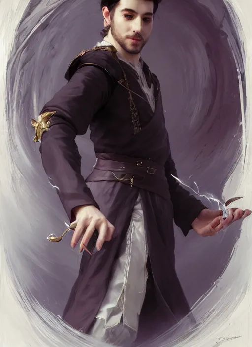 Image similar to character concept portrait of an attractive young Spanish wizard with white skin conjuring a fire spell, a floating iridescent spell book in the center, intricate, elegant, digital painting, concept art, smooth, sharp focus, illustration, from Metal Gear, by Ruan Jia and Mandy Jurgens and William-Adolphe Bouguereau, Artgerm