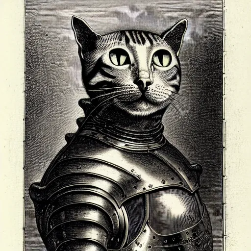 Prompt: engraving portrait of humanoid cat in medieval armoury by gustave dore