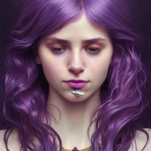 Prompt: portrait of a young girl, nose ring, upper body, purple hair, long hair, joyful smirk, intricate, smoking weed, elegant, highly detailed, digital painting, artstation, concept art, matte, sharp focus, illustration, art by artgerm and greg rutkowski and alphonse mucha