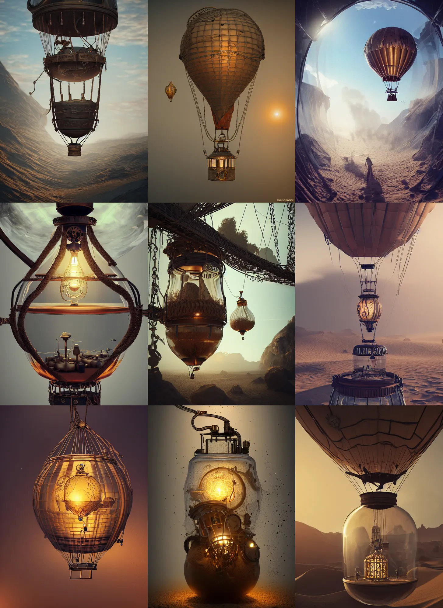 Prompt: steampunk hot air balloon, inside a glass jar buried in sand, intricate detail, volumetric lighting, epic composition, hyper detailed, ultra realistic, sharp focus, octane render, volumetric, ray tracing, artstation trending, cgsociety, sense of awe, swirling mist, 4 k
