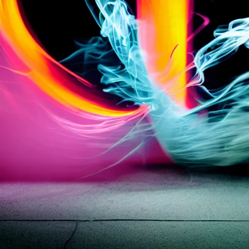 Image similar to muted-neon-color-smoke wisps waft on a current of air through a low energy cluttered parlor and coalesce onto the floor into a close-up outline reminiscent of a high-energy racing horse crossing the finish line.