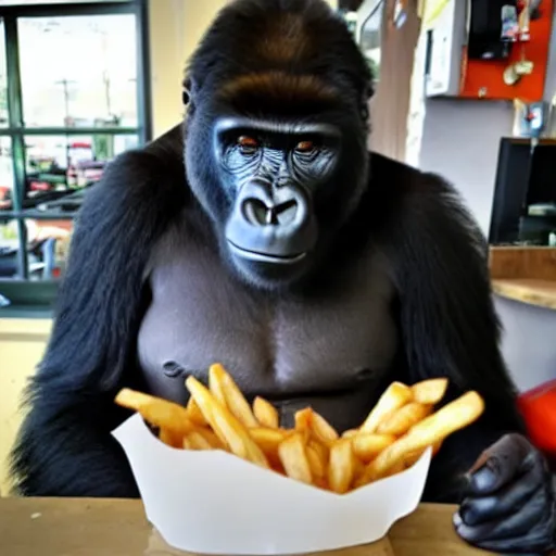 Prompt: A gorilla eating french fries in a barber shop, Go pro footage