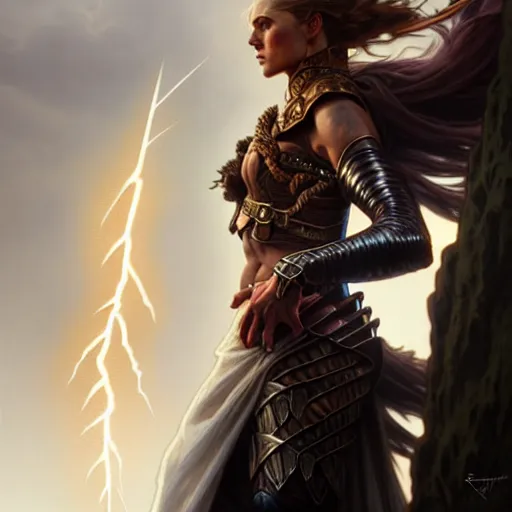 Image similar to A epic fantasy portrait of a warrior woman, standing on a cliff, castle setting, horror movie lightning, intricate, elegant, highly detailed, digital painting, artstation, concept art, matte, sharp focus, illustration, art by Artgerm and Greg Rutkowski and Alphonse Mucha