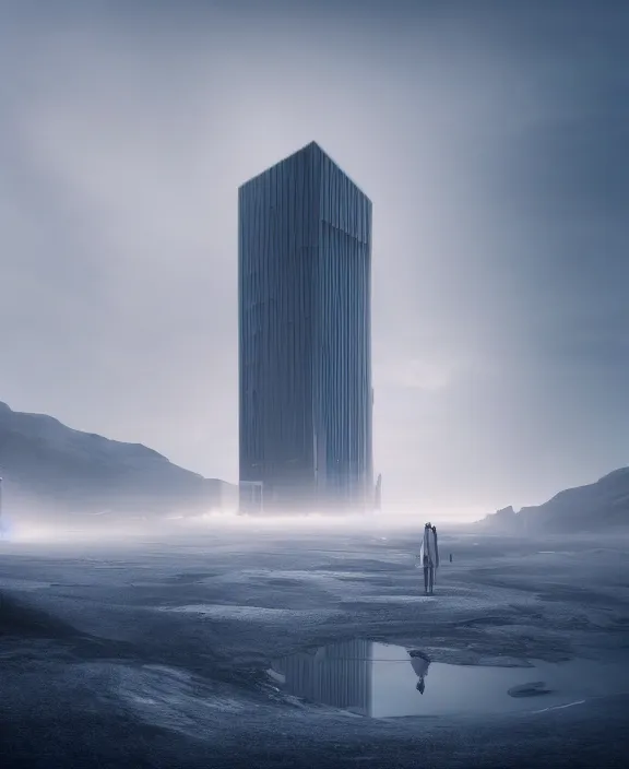 Image similar to surreal covenant tower in the exploration, futuristic white architecture in the beach in iceland, foggy, highly detailed, digital painting, arstation, concept art, hyperealistic octane render, unreal engine,