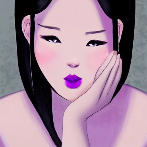 Prompt: zi di had a head of curvy black hair, and her pale skin glistened with sweat, giving her a delicate appearance. her features were defined, and she had a beautiful smile beyond the ordinary. the most attractive part of her was her big, purple eyes, shining like clear amethyst.