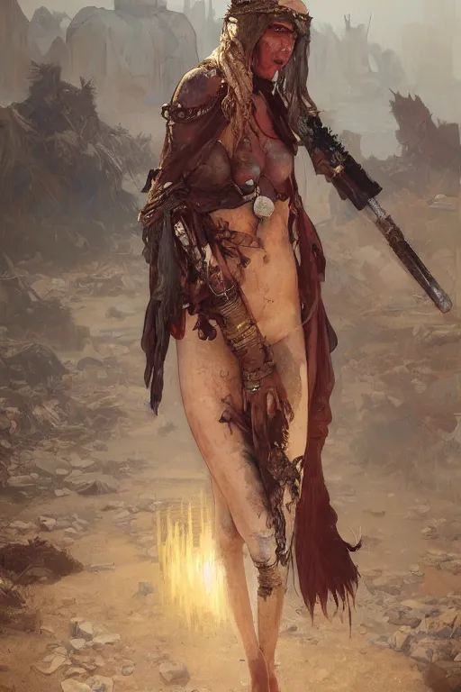 Image similar to a full body portrait of a beautiful post apocalyptic offworld criminal district bedouin blind pulp fiction scarlet wild rogue barbarian leper begging by the roadside, intricate, elegant, highly detailed, digital painting, artstation, concept art, smooth, sharp focus, illustration, art by krenz cushart and artem demura and alphonse mucha