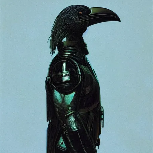 Image similar to self full body portrait of a humanoid raven with a helmet in the shape of a beak. Seafoam and black body armor, digital art, realistic, ultradetailed, concept art in the style of Science Fiction. art by Syd Mead and Moebius, trending on artstation, devianart, cgsociety