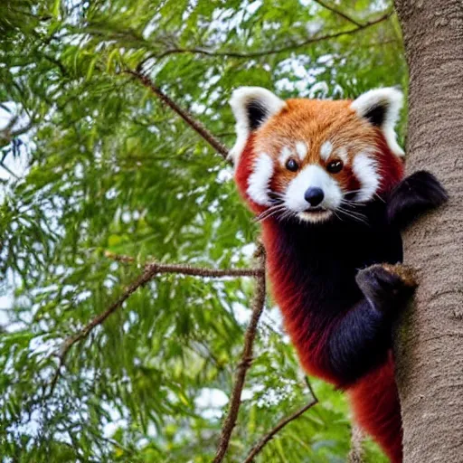 Prompt: a red panda wearing a hat in a tree