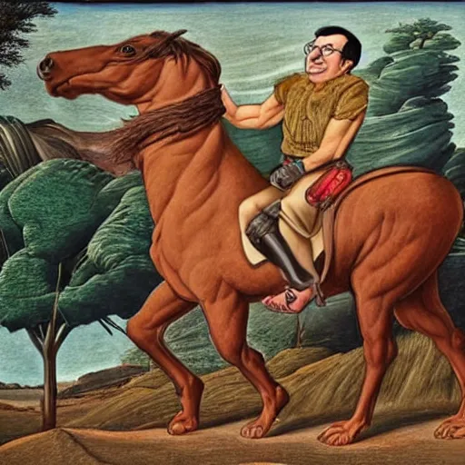 Prompt: john Oliver rides topless on a brown horse, he has the head of a bear tied to the horses saddlebag, he looks proud, colored pencils, hyper realistic, hyper detailed, by Botticelli