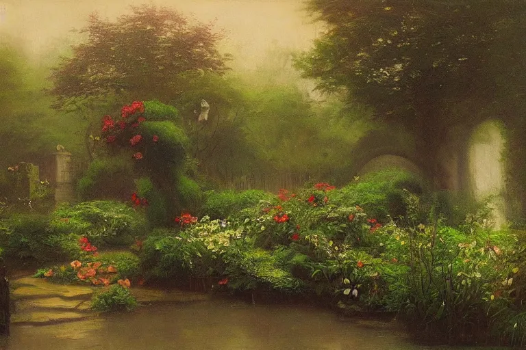 Image similar to secret garden, lush, floral, botanical, romanticism, dreamy, dark, moody, hudson river school